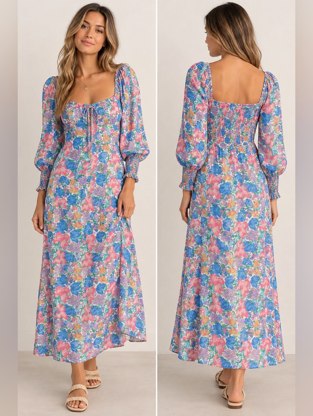 Faithfull The Brand Floral Smocked Midi Dress XS Puff Sleeve Cottagecore